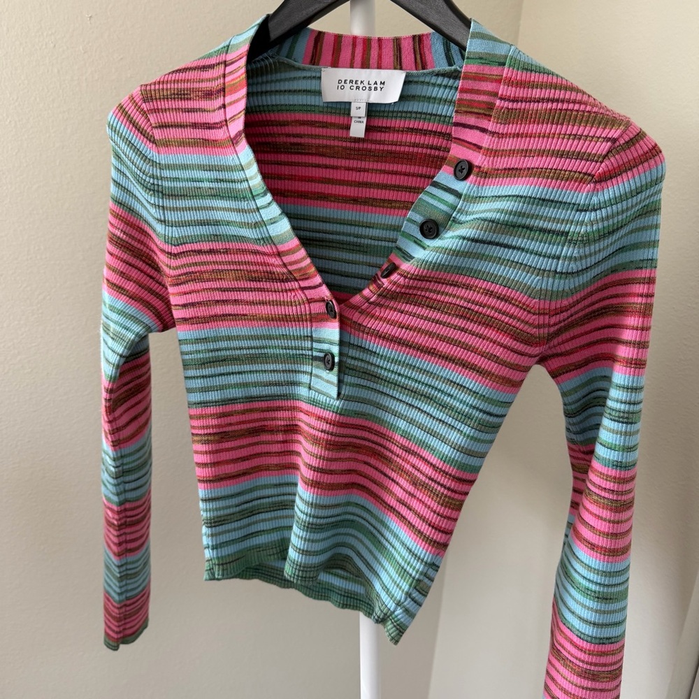 NEW🍉Derek Lam 10 Crosby Milana Crop Henley Sweater Ribbed Knit Space Dye
